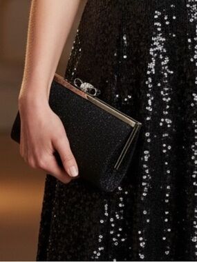 NWT INC International Concepts Black Sparkle‎ Leather Clutch Purse Evening Bag